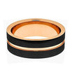 Men’s Rose Gold Inlay Grooved Black Tungsten Wedding Band Pipe Cut- 6mm & 8mm