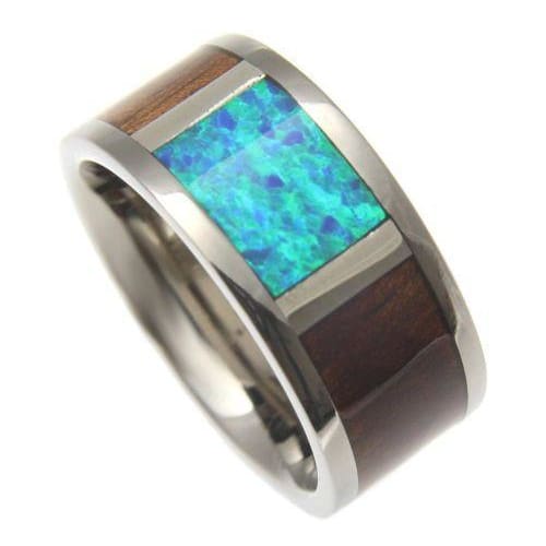 Mens Titanium Band Genuine Hawaiian Koa Wood Inlay Opal Comfort Fit Ring - 10mm