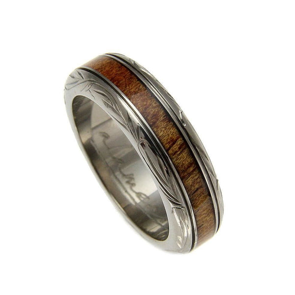 Mens Titanium Scroll Wedding Band Genuine Inlay Hawaiian Koa Wood