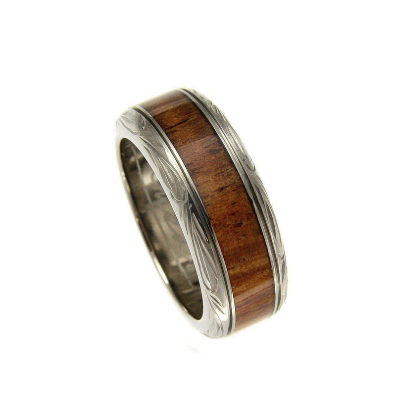 Mens Titanium Scroll Wedding Band Genuine Inlay Hawaiian Koa Wood Ring - 8mm