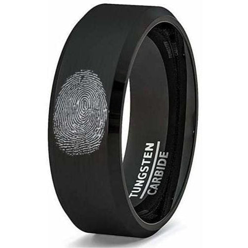 Mens Tungsten Band Classic Black Brushed Beveled Edge Finger Print Laser Engraved- 8mm