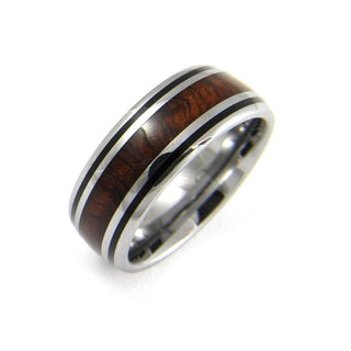 Mens Tungsten Band Genuine Inlay Hawaiian Koa Wood Comfort Fit Black Border Ring - 8mm - 6 / Tungsten