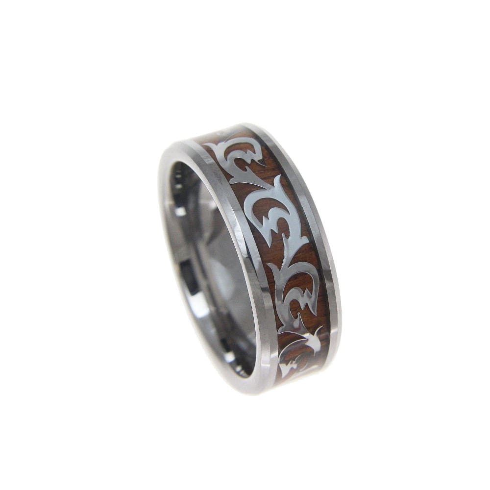 Men’s Tungsten Carbide Ring With Real Hawaiian Koa Wood Inlay Shiny Scroll - 8mm