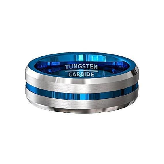 Mens Tungsten Carbide Wedding Ring Blue Grooved Center Comfort Fit - 6mm & 8mm