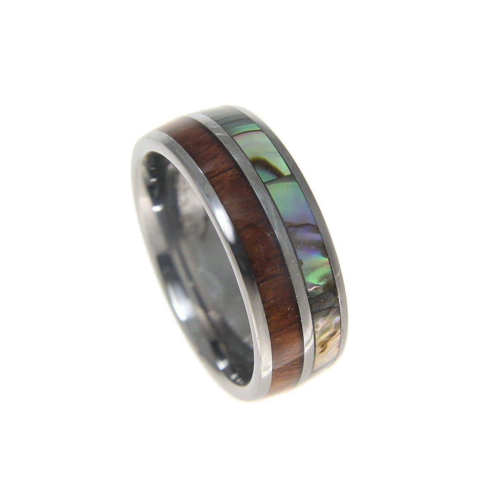 Mens Tungsten Wedding Band Abalone Hawaiian Koa Wood Comfort Fit Ring - 8mm
