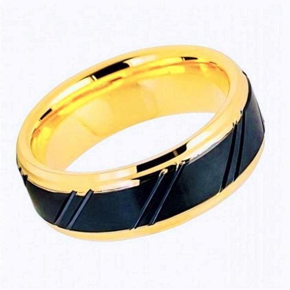 Mens Tungsten Wedding Band Gold Inner Ring Diagonally Grooved Center & Black IP - 8mm