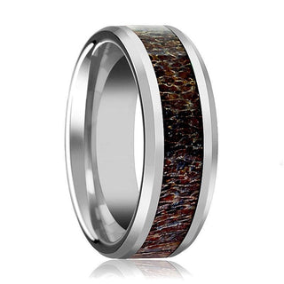 Men's Tungsten Wedding Band W/ Dark Deer Antler Beveled Polished Finish 8mm - 5 / Tungsten