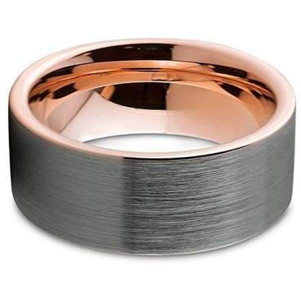 Men’s Tungsten Wedding Band With 18K Rose Gold Inlay Pipe Cut Brushed Finish - 9mm