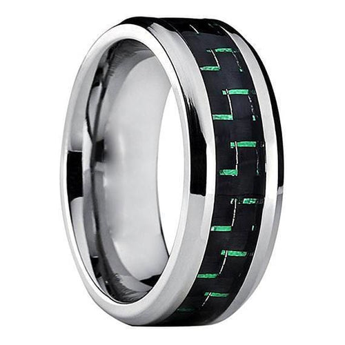 Men’s Tungsten Wedding Ring High Polish w/ Green Black Carbon Fiber Inlay - 9mm