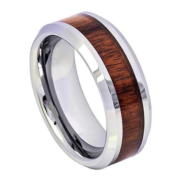 Mens Tungsten Wedding Ring Silver High Polish Koa Wood Inlaid Center - 8mm