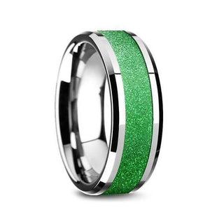Mens Tungsten Wedding Ring Sparkling Green Inlay Beveled Polished Finish - 8mm - 6 / Tungsten