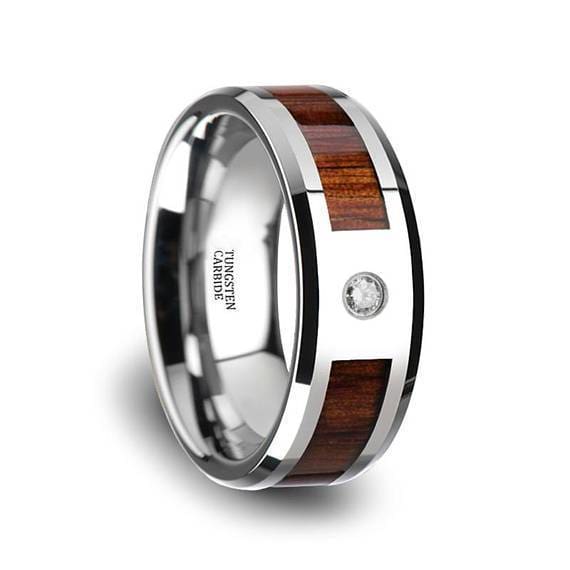 Mens Tungsten Wedding Ring With Koa Wood Inlay Diamond Setting Polished Finish - 8mm