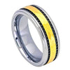 Mens Tungsten Wedding Ring Yellow Gold IP Hammered Center with Black Stripes- 8mm