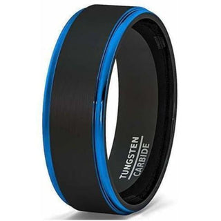 Men's Two Tone Brushed Black Tungsten Ring With Blue Stepped Edges - 8mm - 7 / Tungsten