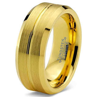 Men's Yellow Gold IP Tungsten Wedding Ring Bevel Edges and Grooved Center - 8mm - 7 / Tungsten