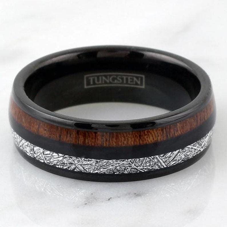 Milan Meteorite Inlaid Black Tungsten Koa Wood Wedding Ring - 8mm