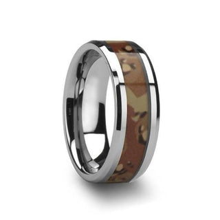 Military Camo Tungsten Wedding Ring Polished Finish Beveled Desert - 8mm - 6 / Tungsten