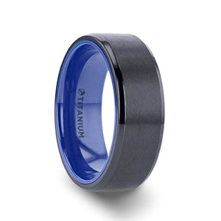 MOSCOW Beveled Black Titanium Ring Brushed Center & Vibrant Blue Inside 8 mm - 5 / Titanium