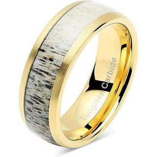 Natick Yellow Gold Inlaid Tungsten CArbide Ring with Deer Antler Inlay - 8mm - 8 / Tungsten