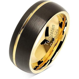 Niles Grooved Yellow Gold Inlaid Domed Black Tungsten Carbide Ring - 8mm - 8 / Tungsten