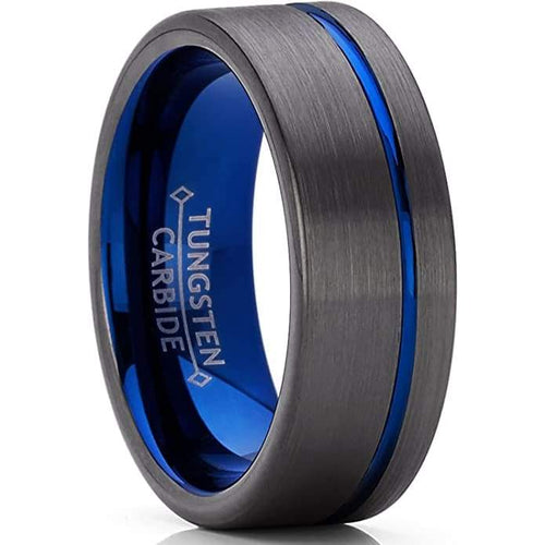 Olean Men’s Blue Grooved Tungsten Wedding Band Gunmetal Brushed - 8mm