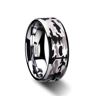 Polished Finish Black & Gray Tungsten Wedding Camo Ring Beveled Edges- 8mm - 5 / Tungsten