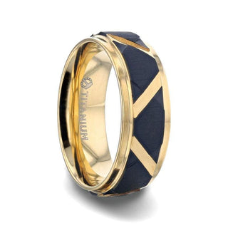 PUEBLO Titanium Ring Matte Black Raised Horizontal Etches And Gold Diagonal Cut - 8mm - 6 / Titanium