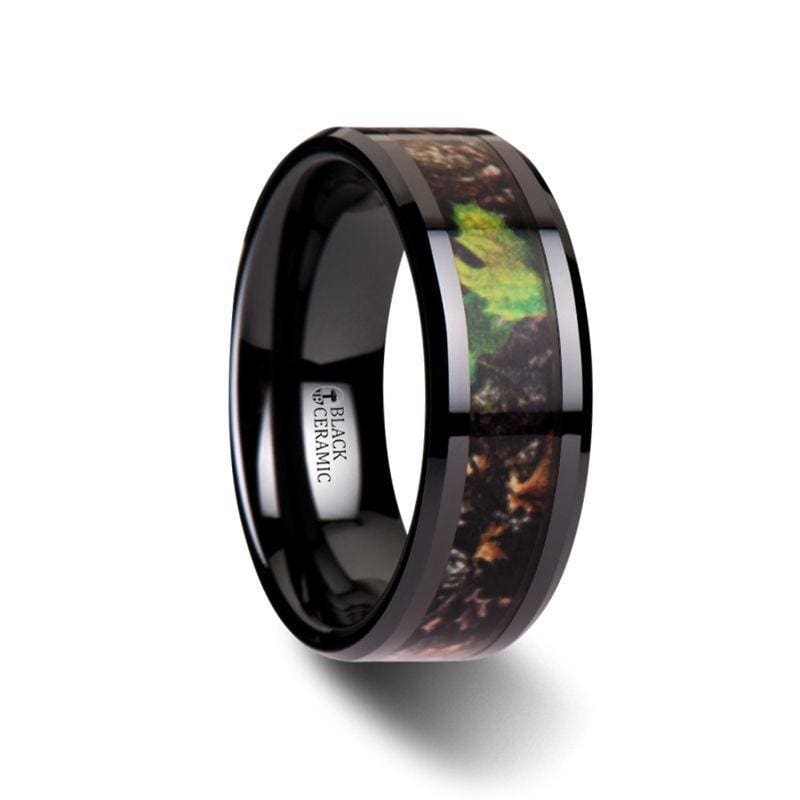 RAMBO Men’s Realistic Tree Camo Black Ceramic Ring With Green Leaves - 8mm