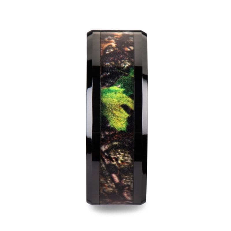 RAMBO Men’s Realistic Tree Camo Black Ceramic Ring With Green Leaves - 8mm