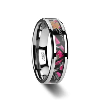 Real Pink Oak Leaves Camo Tungsten Wedding Ring Beveled Edges 6mm & 8mm - 6mm / 8 / Tungsten
