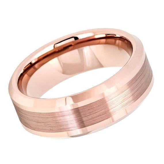 Rose Gold Carbide Tungsten Wedding Ring Brushed Center High Polish Beveled Edge - 8mm