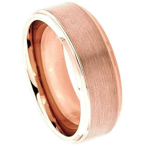 Rose Gold Inlaid Tungsten Ring With Brushed Center & High Polish Stepped Edge - 8mm