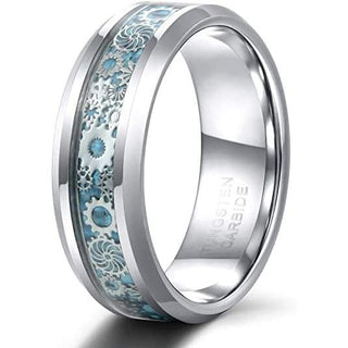 SACO Mens Tungsten Ring Silver Gear Steampunk Blue Carbon Fiber Inlay 6mm & 8mm - 6mm / 14.5 / Tungsten