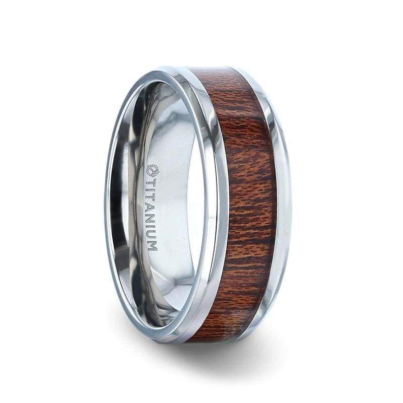 SANFORD Beveled Mahogany Wood Inlaid Titanium Men’s Wedding Ring - 8mm