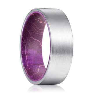 Seattle Men's Flat Tungsten Carbide Wedding Band with Purple Wood Sleeve - 8mm - 7 / Tungsten