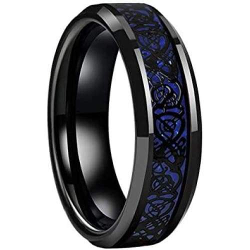 Sidney Beveled Black Tungsten Carbide Ring Blue Celtic Dragon Design - 6mm