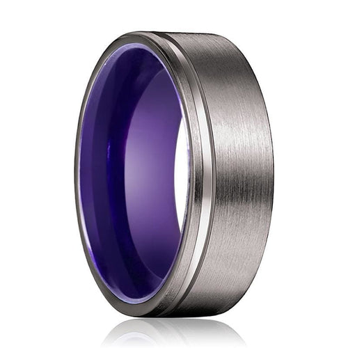 Tacoma Gunmetal Flat Grooved Tungsten Ring with Dark Purple Inside 6mm & 8mm