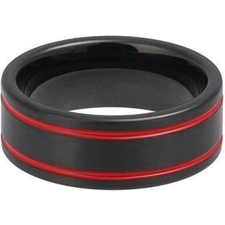 Taos Double Red Grooved Black Pipe Cut Brushed Tungsten Carbide Ring - 8mm - 8.5 / Tungsten