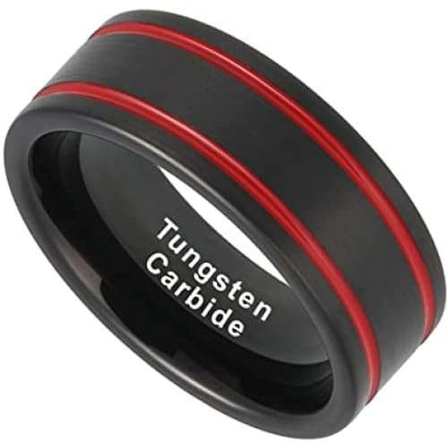 Taos Double Red Grooved Black Pipe Cut Brushed Tungsten Carbide Ring - 8mm