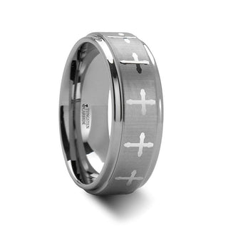 TATE Raised Center With Engraved Crosses Men's Tungsten Wedding Band – 8mm - 5 / Tungsten
