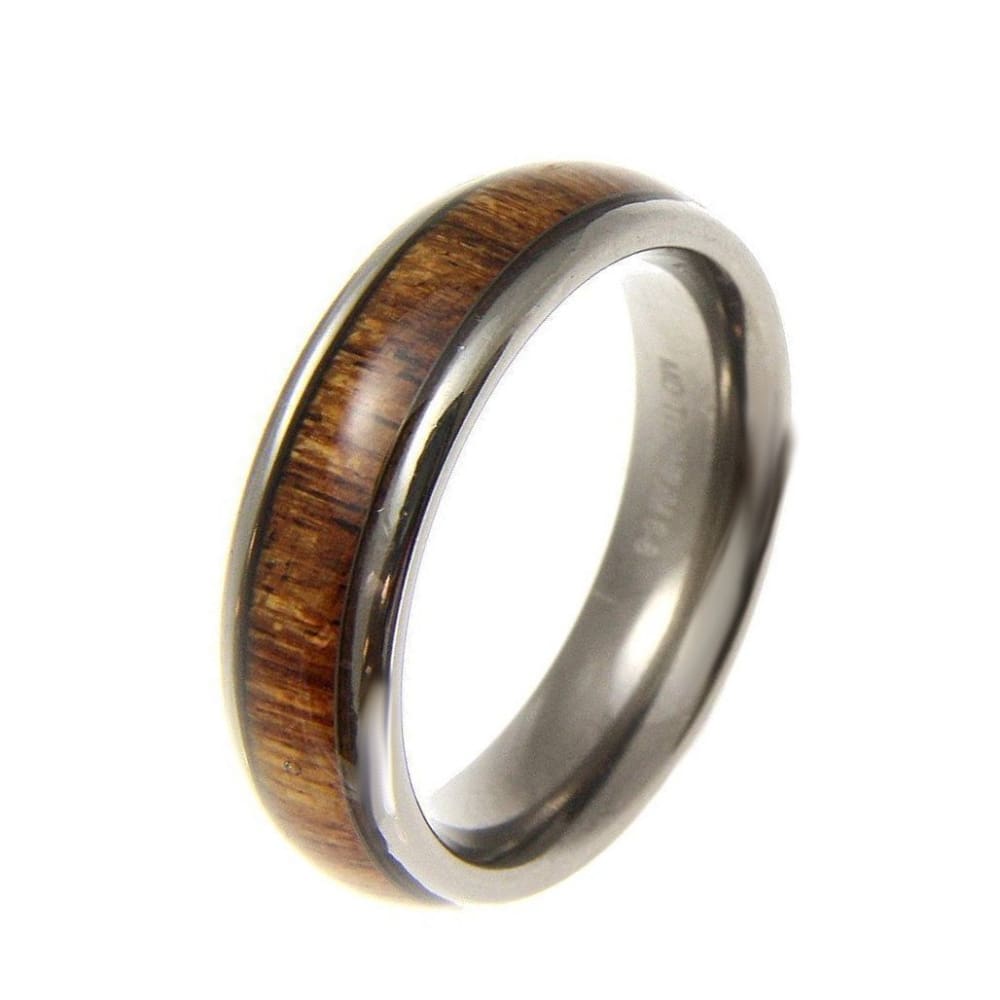 Titanium Band Ring Genuine Inlay Hawaiian Koa Wood Comfort Fit Dome Style - 6mm