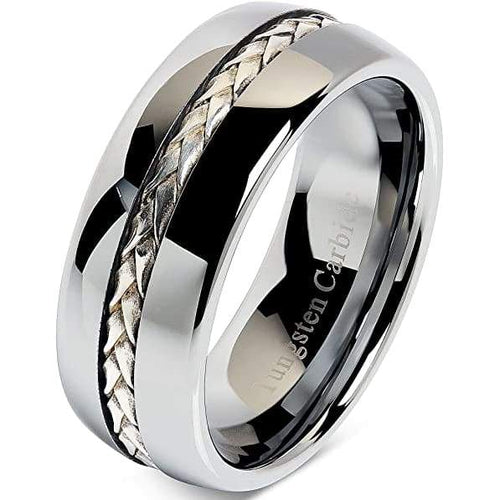 Truro Silver Rope Inlay Domed Men’s Tungsten Carbide Wedding Band - 8mm