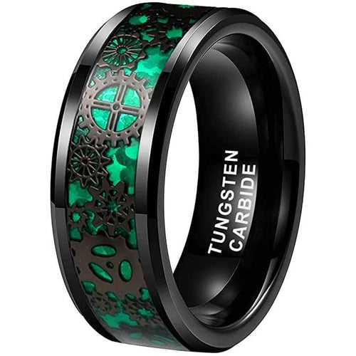 TULSA Mens Steampunk Gear Wheel Green Carbon Fiber Inlaid Tungsten Ring - 8mm