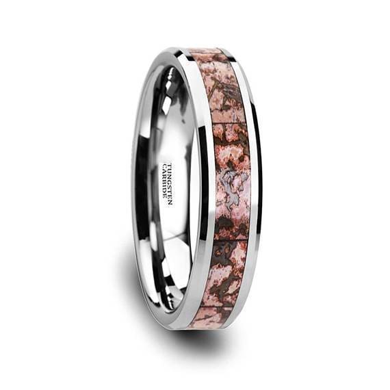 Tungsten Dinosaur Bone Wedding Ring Pink Dinosaur Bone Inlay