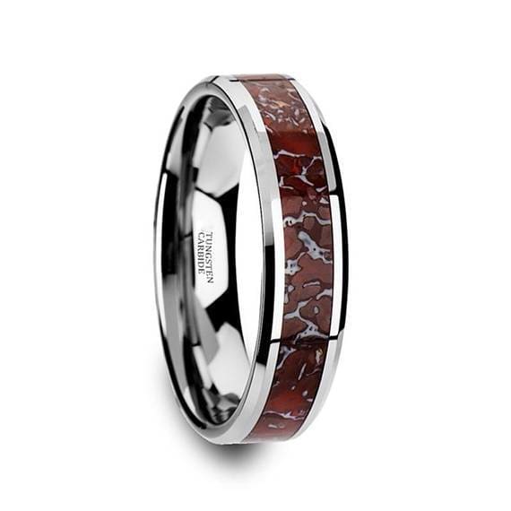 Tungsten Dinosaur Bone Wedding Ring Red Dinosaur Bone Inlay