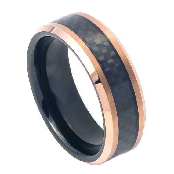 Tungsten Ring Inlaid with Black Carbon Fiber & Beveled Rose Gold IP Finish - 8mm
