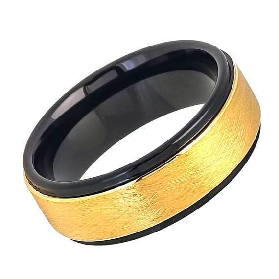 Tungsten Ring W/ Ice Finish Center Stepped Edge Black Inside & Yellow Gold IP - 8mm