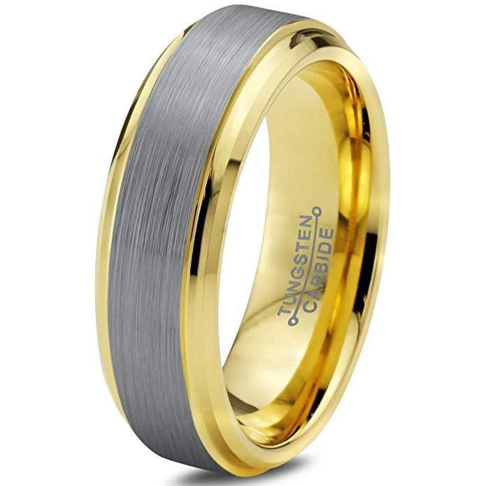 Tungsten Ring Yellow Gold IP Brushed Polished Comfort Fit with Stepped Edges - 6mm