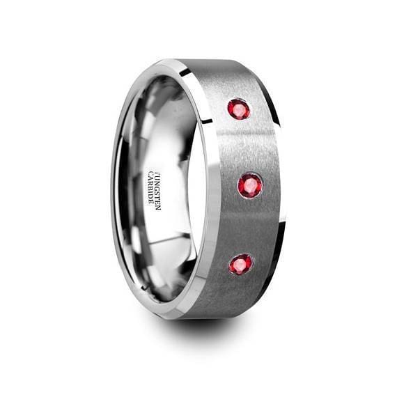 Tungsten Wedding Band Brushed Beveled Edges with 3 Red Ruby Diamond Settings - 8mm