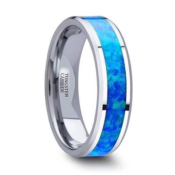Tungsten Wedding Ring With Blue Green Opal Inlay & Polished Finish 4mm-10mm